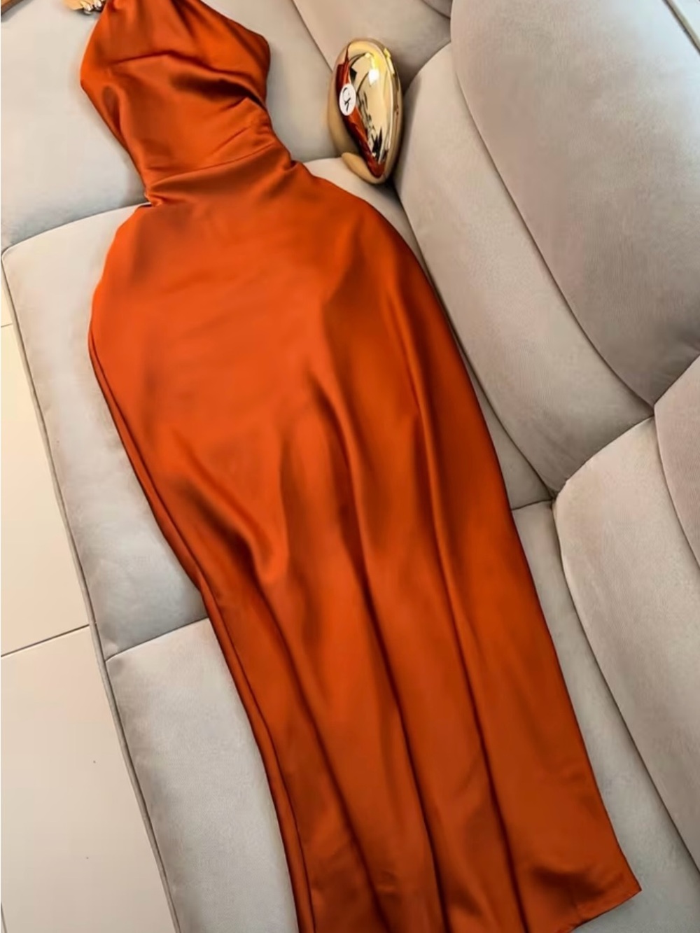 One-Shoulder Satin Maxi Dress in Burnt Orange